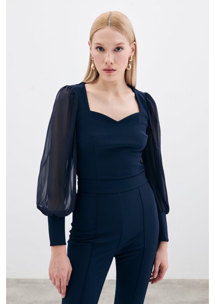 Balon Kol Crop Bluz - Lacivert