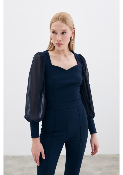 Balon Kol Crop Bluz - Lacivert modelleri