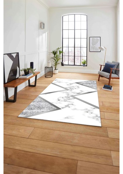 Baskılı Mermer Çapraz Çizgi Detaylı Kaymaz Yıkanabilir Yolluk Mutfak Salon Halısı, Mermer-32-Gri,