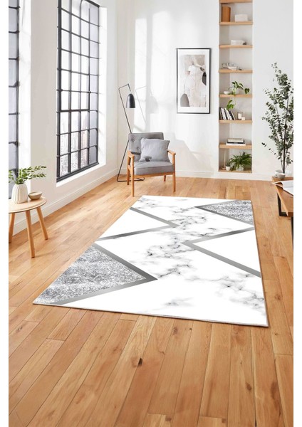 Baskılı Mermer Çapraz Çizgi Detaylı Kaymaz Yıkanabilir Yolluk Mutfak Salon Halısı, Mermer-32-Gri, fırsatları