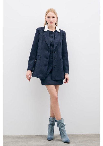 Düğmeli Süet Ceket - Lacivert