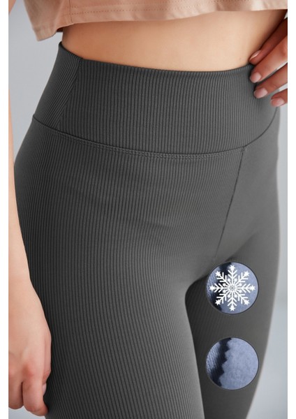 Kadın Gri Içi Polarlı Lastikli Şardonlu Fitilli Toparlayıcı Interlok Kışlık Örme Tayt