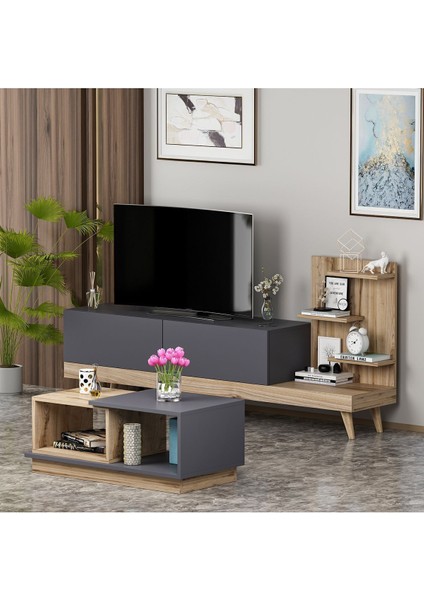 Dizayn Tv Ünitesi - Consept Orta Sehpa Takımı Antrasit/Naturel