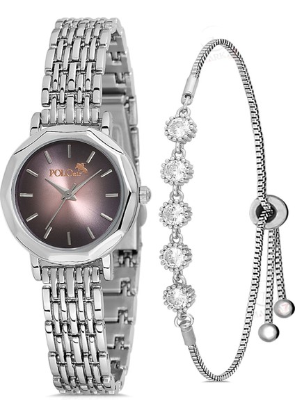 Zarif Vintage Kadın Kol Saati ve Zirkon Taşlı 5 Taş Bileklik Hediye Gümüş-Kahverengi PL-1480B3