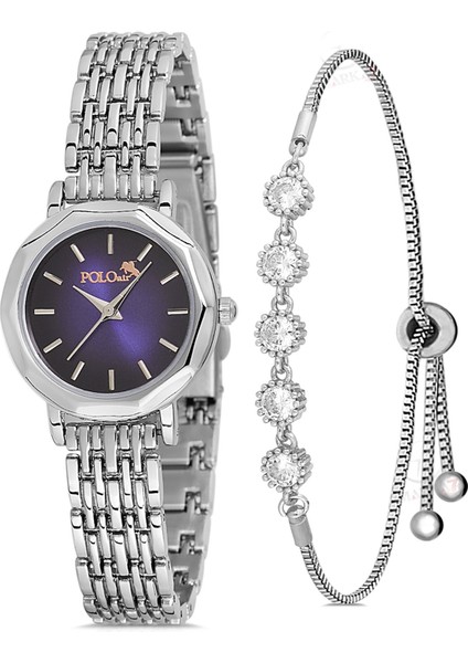 Zarif Vintage Kadın Kol Saati ve Zirkon Taşlı 5 Taş Bileklik Hediye Gümüş-Mor PL-1480B6