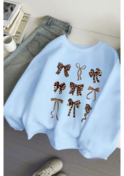 Kurdela Leopar Baskılı Beyaz Bisiklet Yaka Sweatshirt - Oversize Unisex Kalın Kışlık