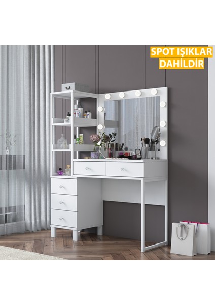 BJ128 Hollywood Işıklı Aynalı Kulis Makyaj Masası 5 Çekmeceli Raflı Takı Düzenleyici Beyaz fırsatları