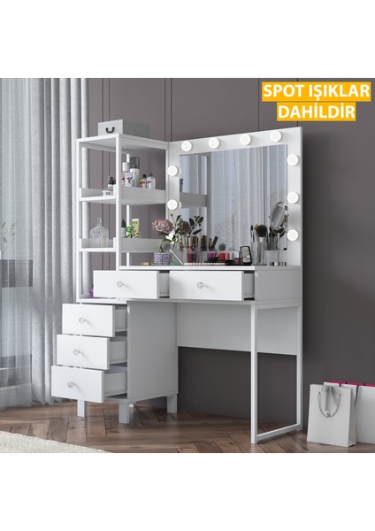 BJ128 Hollywood Işıklı Aynalı Kulis Makyaj Masası 5 Çekmeceli Raflı Takı Düzenleyici Beyaz indirimleri