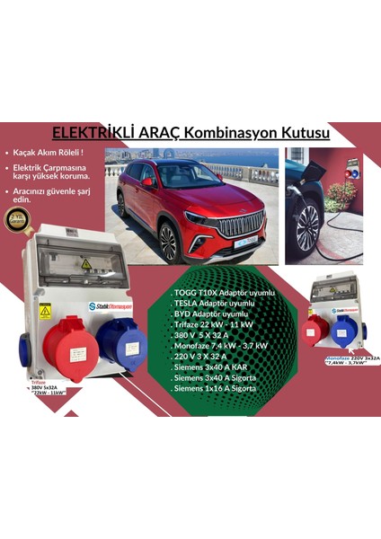 St-Şarj-T Trifaze Elektrikli Araç Kombinasyon Kutusu; Togg T10X, Hyundai, Tesla Blue ve Byd Adaptöre Uyumlu fiyatları