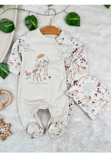 %100 Pamuk Mevsimlik Ceylan Baskılı Şapkalı Tulum