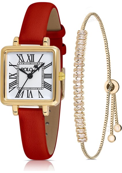 Kare Kasa Deri Kordon Kadın Kol Saati Zirkon Taşlı Baget Bileklik Kırmızı-Gold PL-1484B9