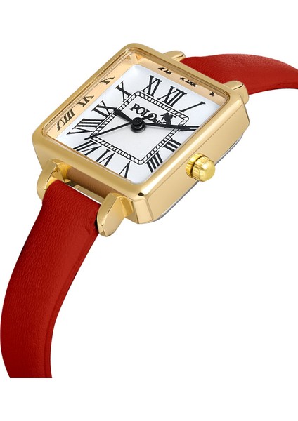 Kare Kasa Deri Kordon Kadın Kol Saati Zirkon Taşlı Baget Bileklik Kırmızı-Gold PL-1484B9 fiyatları