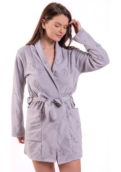 Kadın Gri Kedi Desenli Polar Sabahlık