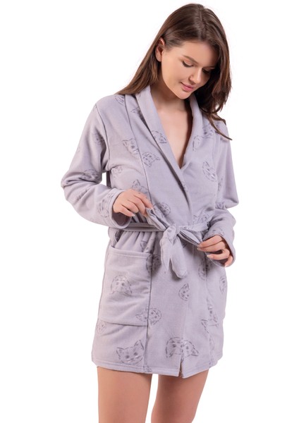 Kadın Gri Kedi Desenli Polar Sabahlık fiyatları