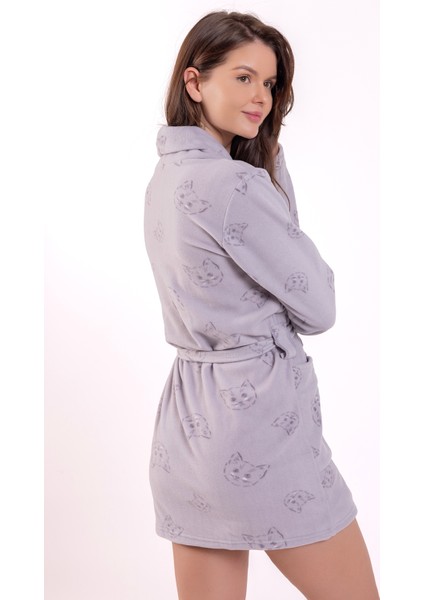 Kadın Gri Kedi Desenli Polar Sabahlık modelleri