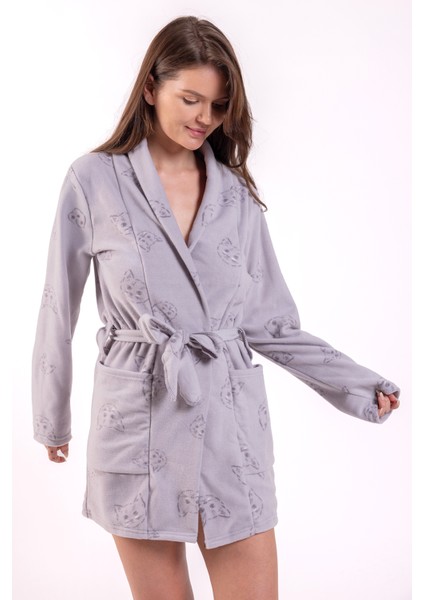 Kadın Gri Kedi Desenli Polar Sabahlık indirimleri