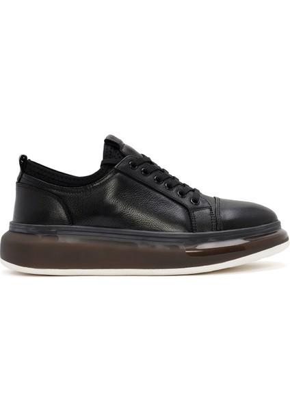Erkek Siyah Kalın Tabanlı Bağcıklı Deri Sneaker 25SFD691418