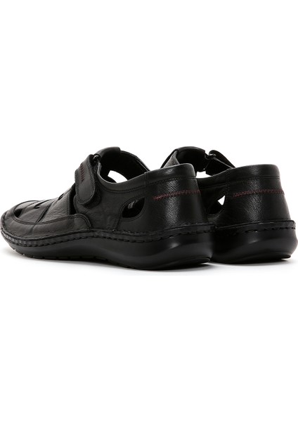 Erkek Siyah Deri Casual Sandalet 25SFD710218