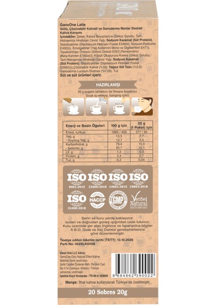 4 Kutu Ganoone Latte, Ganoderma Reishi Mantarı Özütlü Kahve Karışımı - (80 Poşet x 20g)
