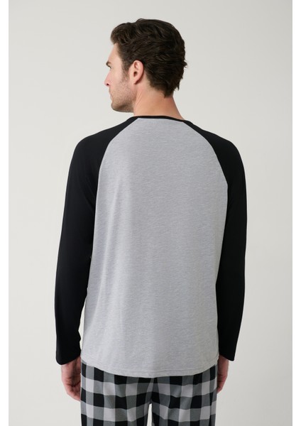 Erkek Gri Bisiklet Yaka Pamuklu Reglan Özel Kutulu Pijama Takımı E003305