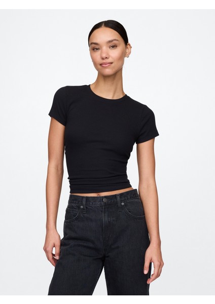 Kadın Siyah Modern Rib Crop T-Shirt
