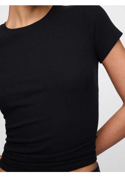 Kadın Siyah Modern Rib Crop T-Shirt