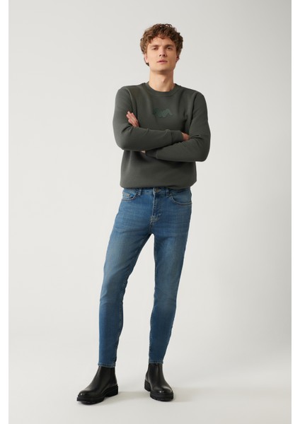 Erkek Mavi Eskitme Yıkamalı Esnek Jean Pantolon E003513