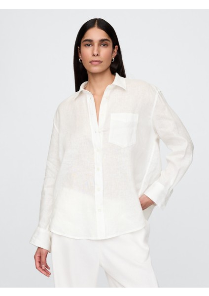 Kadın Kırık Beyaz %100 Keten Relaxed Gömlek