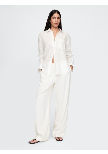Kadın Kırık Beyaz %100 Keten Relaxed Gömlek modelleri