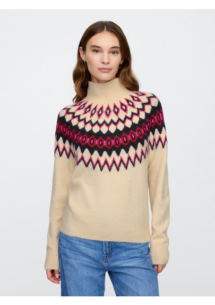 Kadın Bej Fair Isle Desenli Balıkçı Yaka Kazak