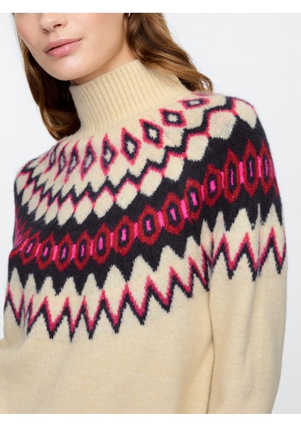 Kadın Bej Fair Isle Desenli Balıkçı Yaka Kazak modelleri