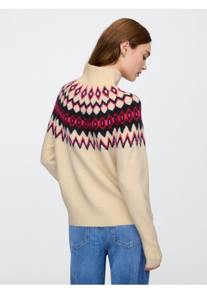 Kadın Bej Fair Isle Desenli Balıkçı Yaka Kazak indirimleri