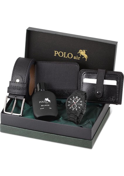 Erkek Kol Saati Parfüm Cüzdan Kemer Kartlık Kombin Set PL-0831E1 Siyah Set