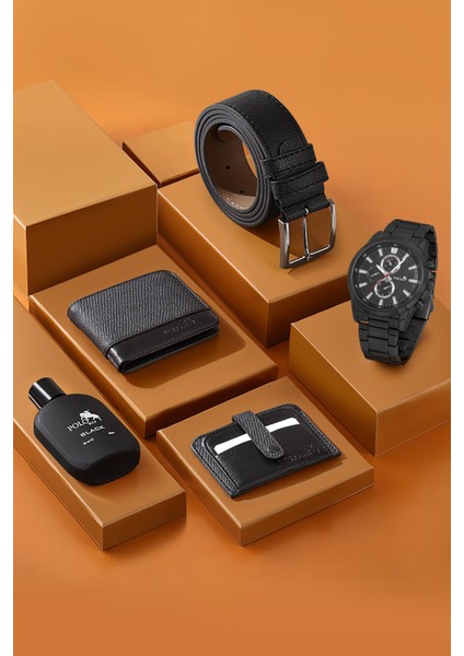 Erkek Kol Saati Parfüm Cüzdan Kemer Kartlık Kombin Set PL-0831E1 Siyah Set indirimleri
