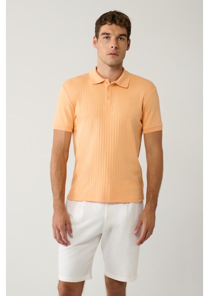 Erkek Açık Turuncu %100 Pamuk 3 Düğmeli Jakarlı Polo Yaka T-shirt A41y1354