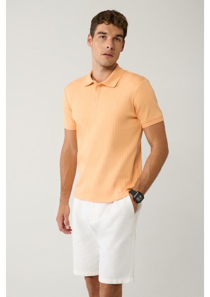 Erkek Açık Turuncu %100 Pamuk 3 Düğmeli Jakarlı Polo Yaka T-shirt A41y1354