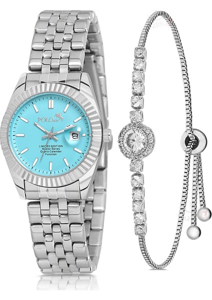 Mercan Takvimli Kadın Kol Saati Zirkon Taşlı Yuvarlak Bileklik Kombin Gümüş Mavi Renk PL-1519B7