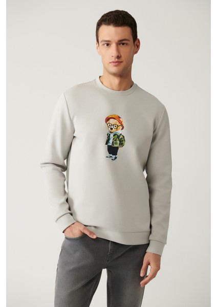 Erkek Gri Bisiklet Yaka Interlok Baskılı Sweatshirt A41y1248