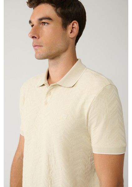 Erkek Bej %100 Pamuk 3 Düğmeli Jakarlı Polo Yaka T-shirt A41y1147