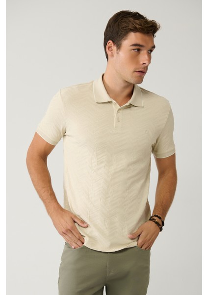 Erkek Bej %100 Pamuk 3 Düğmeli Jakarlı Polo Yaka T-shirt A41y1147