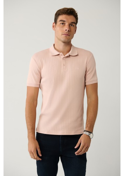 Erkek Açık Pembe %100 Pamuk 3 Düğmeli Jakarlı Polo Yaka T-shirt A41y1354
