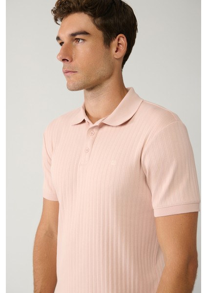 Erkek Açık Pembe %100 Pamuk 3 Düğmeli Jakarlı Polo Yaka T-shirt A41y1354