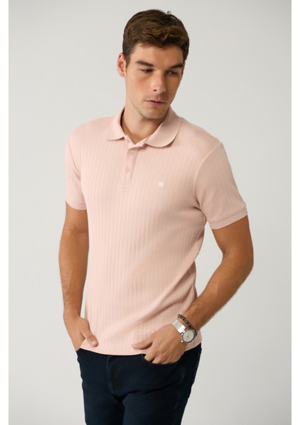 Erkek Açık Pembe %100 Pamuk 3 Düğmeli Jakarlı Polo Yaka T-shirt A41y1354