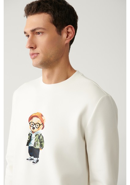 Erkek Ekru Bisiklet Yaka Interlok Baskılı Sweatshirt A41y1248