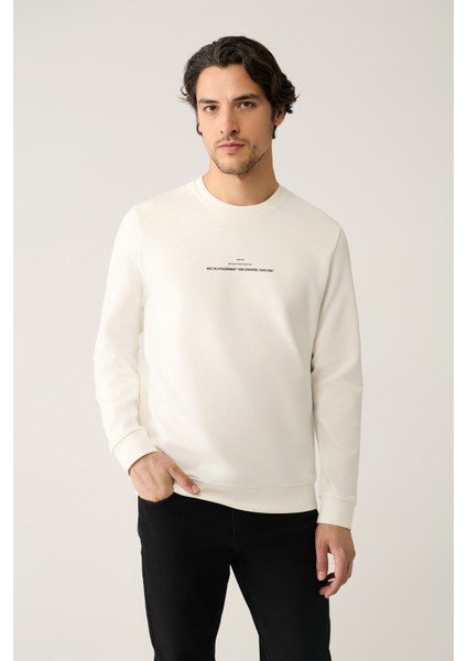 Erkek Ekru Bisiklet Yaka Interlok Baskılı Sweatshirt A41y1246