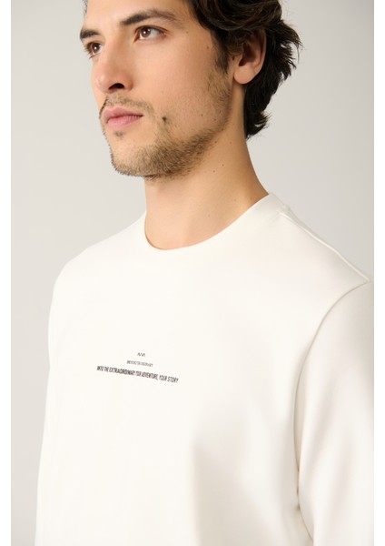 Erkek Ekru Bisiklet Yaka Interlok Baskılı Sweatshirt A41y1246