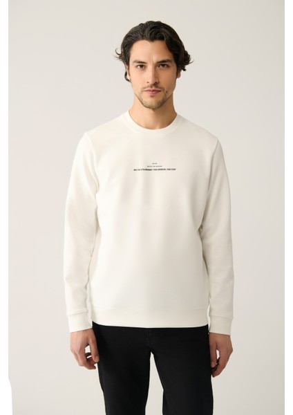 Erkek Ekru Bisiklet Yaka Interlok Baskılı Sweatshirt A41y1246