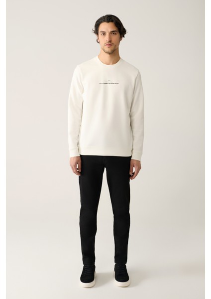 Erkek Ekru Bisiklet Yaka Interlok Baskılı Sweatshirt A41y1246