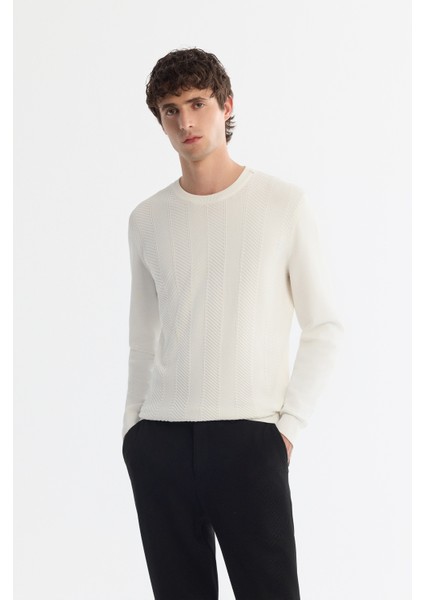 Erkek Ekru Bisiklet Yaka Jakarlı Rayon Triko Kazak A42y5072