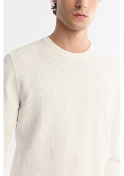 Erkek Ekru Bisiklet Yaka Jakarlı Rayon Triko Kazak A42y5072
